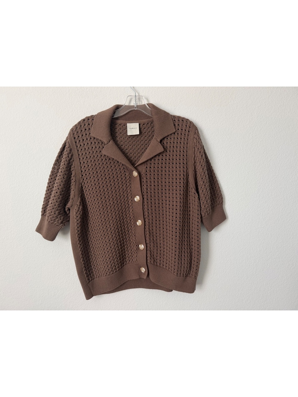 VARLEY 100% Cotton Short Sleeve Button Front Open Knit Brown Sweater Size M